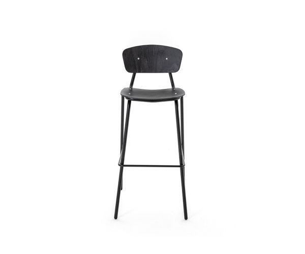 Sgabello Simple Wood Stool Mara, impilabile, a 4 gambe in acciaio, con sedile e schienale in laminato