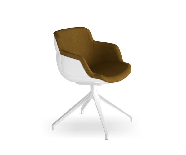 Poltroncina Choppy girevole di Gaber in metallo 4 razze con piedini, sedile con retro scocca in tecnopolimero bianco e rivestimento frontale. Disponibili varie collezioni di tessuti